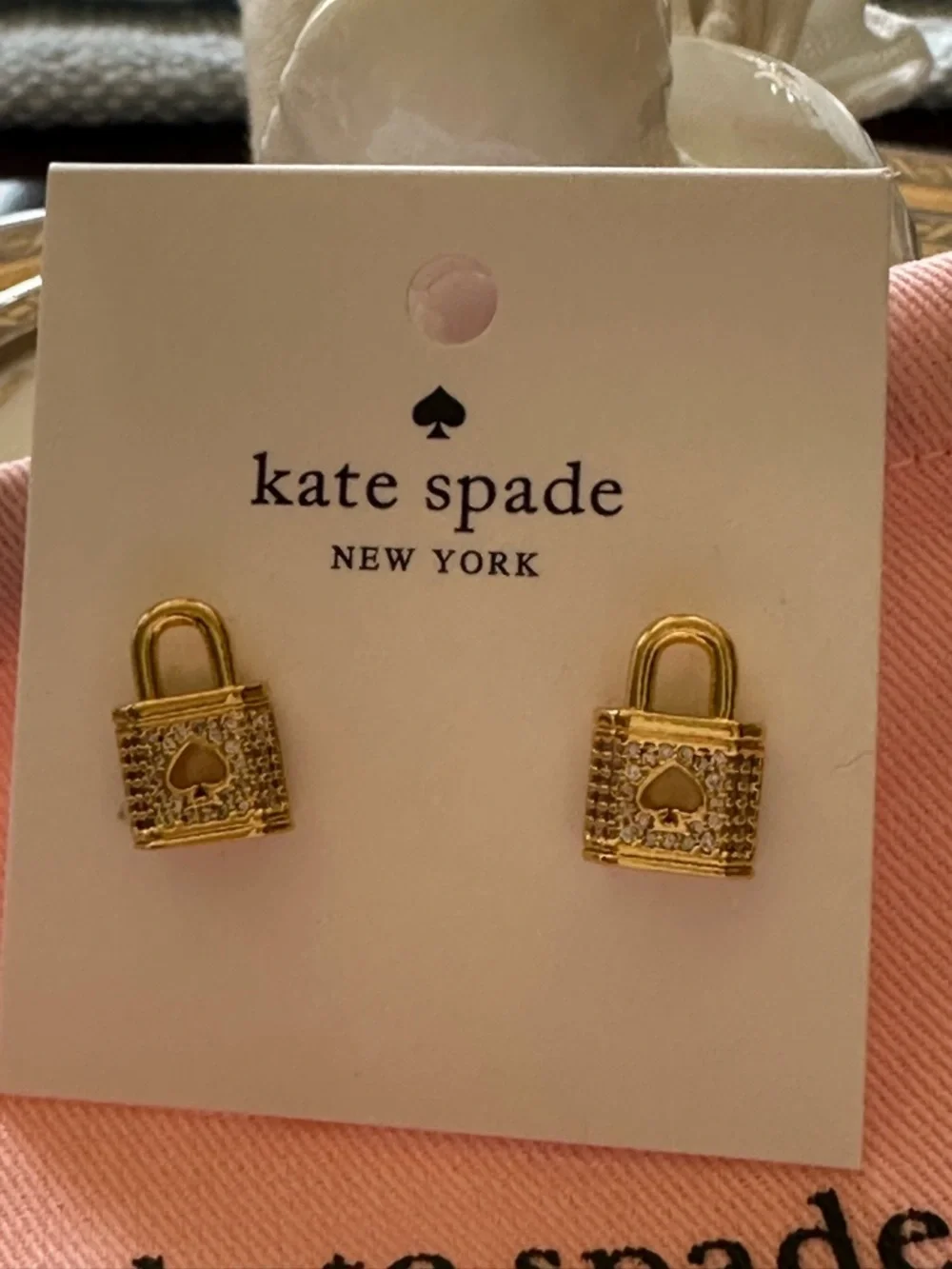 Kate‎ Spade NY Lock and Spade Pave’ gold stud earrings NWT